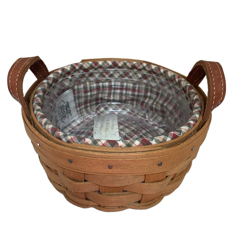 2004 Longaberger 6" Saffron Basket w/leather handles~Plaid Liner~Protector~ - Picture 2 of 5
